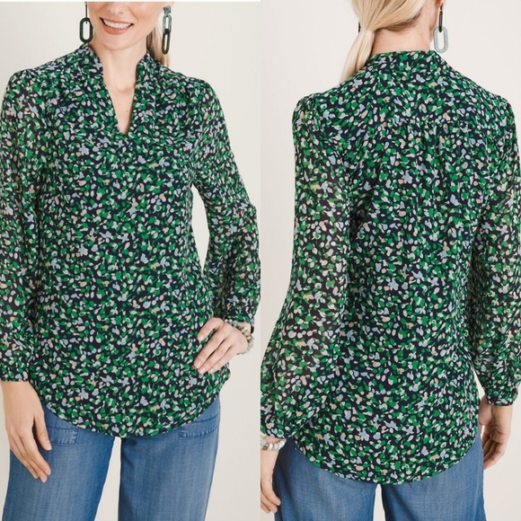 Chicos Abstract Dot Ditsy Floral Sheer Sleeve V Neck Round Hem Popover Blouse - Picture 1 of 12